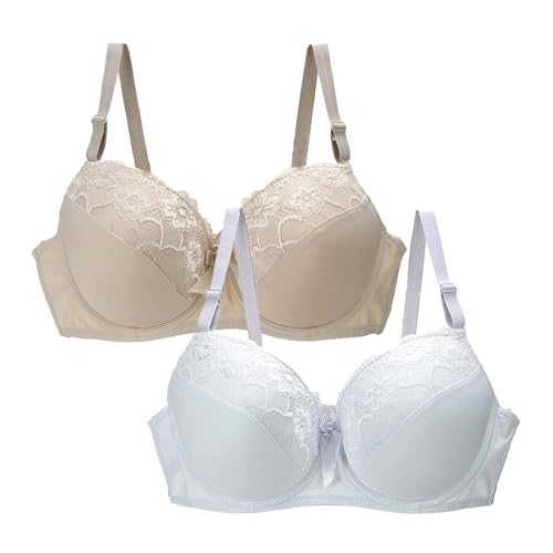 HANXIULIN Schlaf BH,2er Pack BH Damen mit Bügel,Push Up BHS Große Brüste Starker Halt Bügelloser Vollschalen Floraler Spitze Soft Bra mit Gepolsterten Bequemer Bustier für Alltag von HANXIULIN