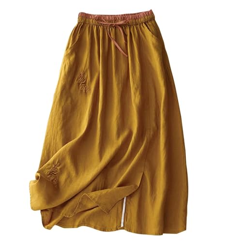 Maxirock Damen Sommer,Sommer Midi Leinen Röcke Elegant Leichte Leinenrock Basic Casual Faltenrock Langer Luftiger Röcke Breitersaum Hohe Taille Knielang Strandrock Langrock mit Taschen von HANXIULIN