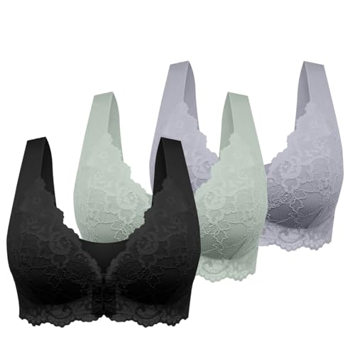 Nahtloser BH ohne bügel 3er Pack Vorderverschluss mit Spitze Starker Halt BHS Baumwolle Vollschalen T-Shirt Komfort Breite Träger Bralette Weich Bequemer Bustier BH mit Vorderverschluss Push up von HANXIULIN