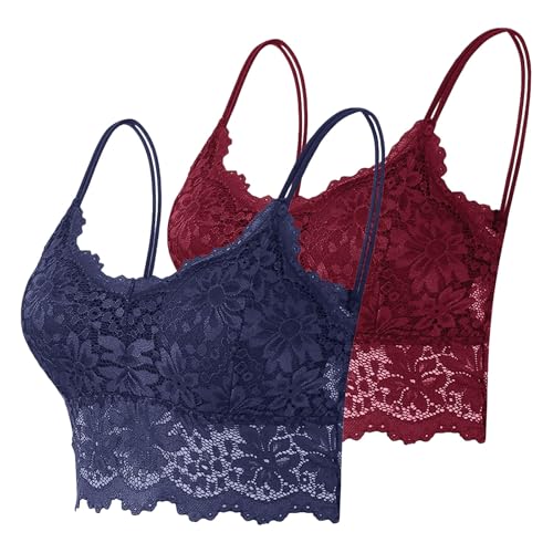 Schlaf BH gegen Falten 2er Pack Spitze BHS ohne Bügel Bralettes mit Blumenmuster Push Up Cami Bustier mit Polste Atmungsaktiv Comfit Bralette mit Trägern Spitzen Bügelloser BH Set Damen von HANXIULIN