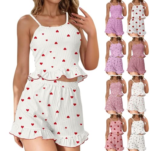 Schlafanzug Damen Schlafanzug Baumwolle Pyjama ärmellos Sommer Gerippt Nachtwäsche mit Bündchen Cami Top und Shorts Zweiteiliger Lounge Set Hausanzug Satin Pyjama Damen von HANXIULIN