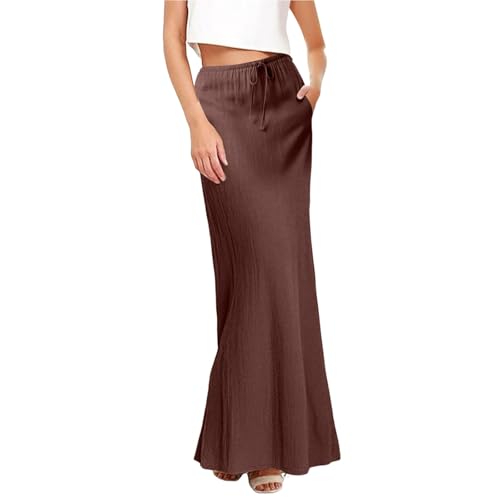 Sommerrock Damen,Rock Damen Lang Leinen Röcke Elastische Taille Sommerrock Leicht Lässige Maxirock A Linien Faltenrock Sommer Swing Strandrock Einfarbig Damenrock Maxi Skirt von HANXIULIN