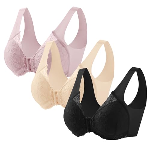 Spitzen BH ohne bügel Große Größen mit Vorderverschluss Baumwolle Komfort Klassischer BHS Push Up Vollschalen Starker Halt Bügellos BH Vorderverschluss ohne bügel senioren von HANXIULIN