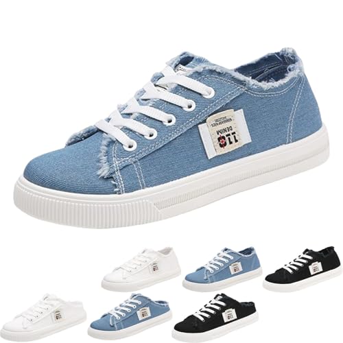2024 New Women's Canvas Shoes Fringed Hem Denim Fabric Autumn Style Spring Casual Sports Preppy Flat Sneakers for Students (Blue-B,EU-40) von HANYILI