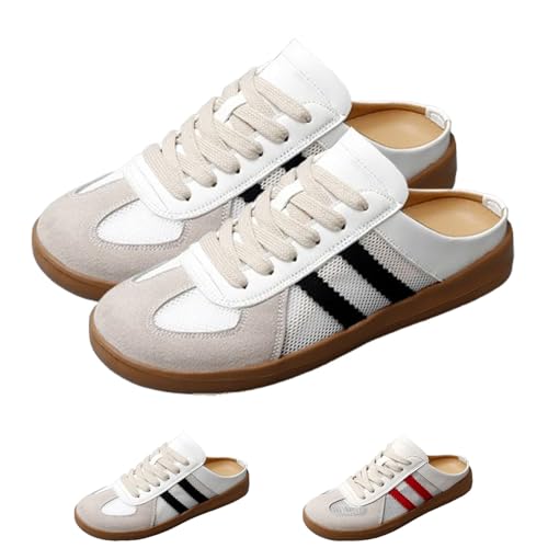 Women's Fashionable Contrast Mesh Design Lace Up Backless Walking Shoes, Open Back Female All-Match Round Toe Slip On (Black-B,35) von HANYILI