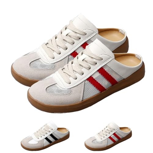 Women's Fashionable Contrast Mesh Design Lace Up Backless Walking Shoes, Open Back Female All-Match Round Toe Slip On (Red-B,39) von HANYILI