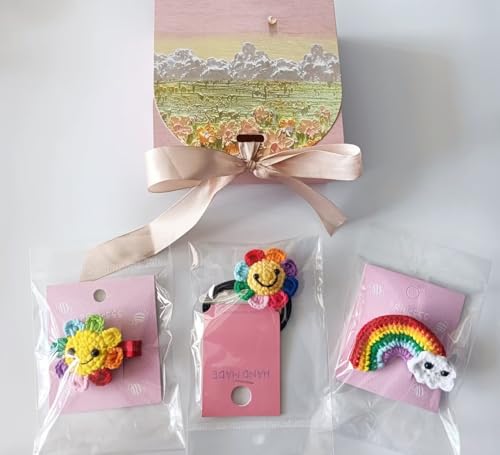 Haar-Accessoires-Set für Mädchen mit gehäkelten Haarnadeln, Haarseile (3 Stück) mit Geschenkbox und Seidenband (bunt) von HAOBANGBEIJIA