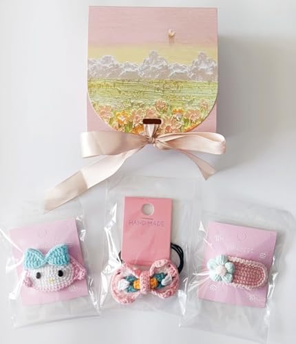 Haarschmuck-Set für Mädchen mit Häkel-Haarnadeln, Haarseile (3 Stück) mit Geschenkbox und Seidenband (rosa und blau) von HAOBANGBEIJIA