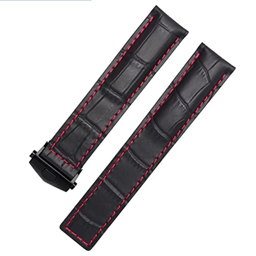 HAODEE Echtes Lederarmband für TAG heuer Armband blau schwarz braun Armband 19 mm 20 mm 22 mm mit Faltschließe Lederbänder (Farbe: Schwarz rot schwarz, Größe: 19 mm) von HAODEE