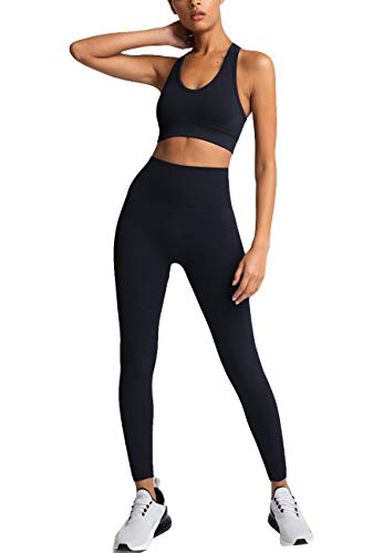 HAODIAN Damen Yoga Outfits 2 Stück Hohe Taille Leggings mit Sport BH Gym Kleidung Sets, schwarz, Large HAODIAN Damen Yoga Outfits 2 Stück Hohe Taille Leggings mit Sport BH Gym Kleidung Sets, schwarz, Large von HAODIAN
