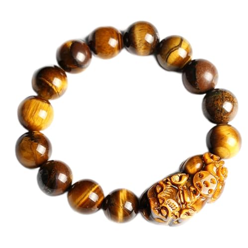 Armband Pixiu/Piyao Buddha Perlenarmbänder Natürliches gelbes Tigerauge-Edelstein-Energiearmband Verstellbares Feng Shui-Reichtumsarmband for Männer, 14 mm (Farbe: Gelb, Größe: ( Color : Yellow , Size von HAODUOO