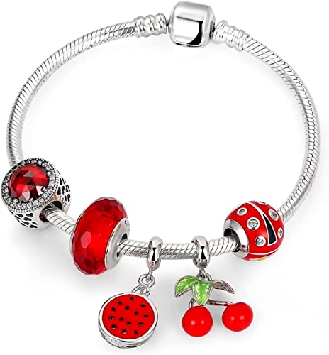 HAODUOO Armband Sterling Silber Wassermelone Kirsche Charms Armband Rote Serie Charm Armreifen Kompatibel mit Damenschmuck im Urlaubsstil von HAODUOO