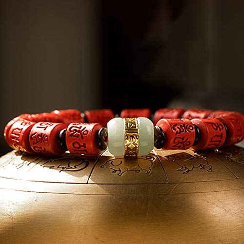 HAODUOO Feng Shui-Armband, natürliches Zinnoberrohr, buddhistische Perle, geschnitzt, Mantra-Armband mit sechs Zeichen, Rosenkranz-Armband, Geld abwehren, böse Geister abwehren, Rot ?Zinnober von HAODUOO