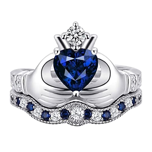 HAODUOO Grudge Rings 2-teiliger blauer Liebes-Strass-Verlobungs-Liebes-in-Hand-Ring voller Diamant-Zirkonia-Solitärring-Set 5 12 (Color : Silver, Size : 9) von HAODUOO