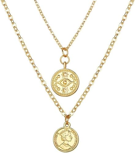 HAODUOO Halskette Retro Doppelkette Schlüsselbein Einfache Münze Siegel Lässiger Kopf & Anhänger Einfach von HAODUOO