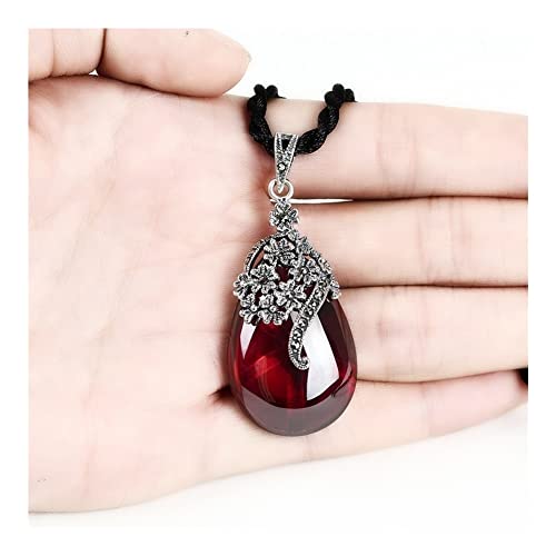 HAODUOO Halskette mit Anhänger, Halsketten for Geburtstag, Tropfenform, Chalcedon-Granat-Inlay, Silber, for Freunde, Hochzeitstag, schöne Mode, einfach zu tragen (Color : Red) von HAODUOO