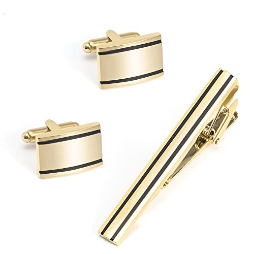 HAODUOO Jewelry Cufflinks Gold Striped Glossy Brushed Metal Cufflinks and Tie Clip Set European and American Cufflinks Set von HAODUOO
