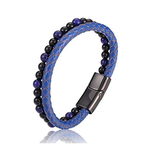 HAODUOO Perlenarmband Naturstein Echtes Leder Edelstahl Verschluss Armreif for Männer Frauen Charm Manschettenschmuck (Color : A Blue, Size : 20.5cm) von HAODUOO