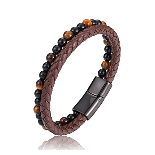 HAODUOO Perlenarmband Naturstein Echtes Leder Edelstahl Verschluss Armreif for Männer Frauen Charm Manschettenschmuck (Color : A Coffee, Size : 18.5cm) von HAODUOO