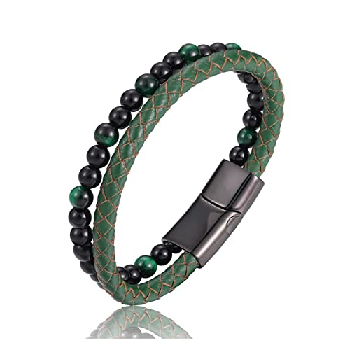 HAODUOO Perlenarmband Naturstein Echtes Leder Edelstahl Verschluss Armreif for Männer Frauen Charm Manschettenschmuck (Color : A Green, Size : 18.5cm) von HAODUOO