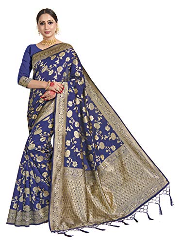 HAOK Sarees für Damen Banarasi Kunst Seide indisches Geschenk Sari | Traditioneller Hochzeit gewebter Sari mit nicht genähter Bluse, Blau 1, One size von HAOK