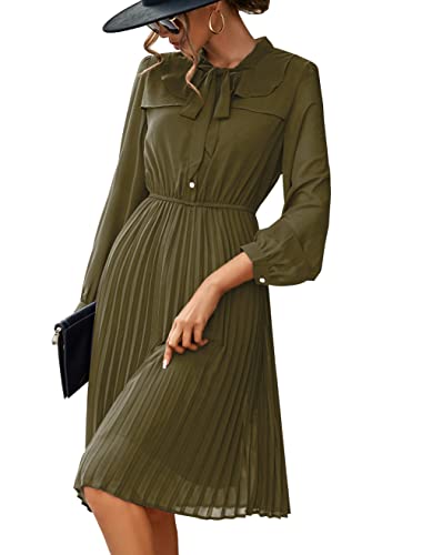 HAOKEKE Damen Arbeitskleid, schick, elegant, Kirchenkleid, lässiges Kleid, Bedruckt, aus Stoff, langärmlig, Paar mit Faltenrock, Army Green, XXL von HAOKEKE