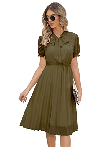 HAOKEKE Damen Sommerkleid Kurzarm Chiffon Kleid Retro Plissee Hemd Kleid Wear Ideal für Party Arbeit Freizeit Kirche Zeit Meeting Cocktail etc von HAOKEKE