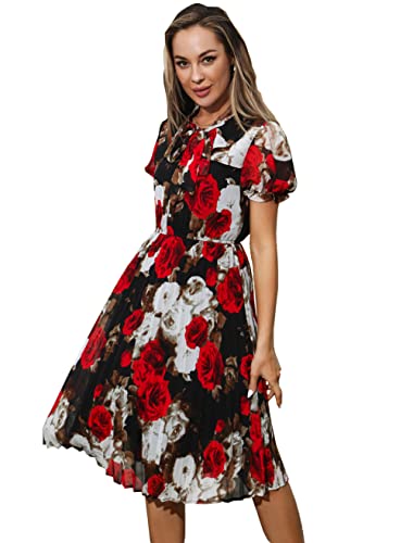 HAOKEKE Damen Sommerkleid mit kurzen Ärmeln Chiffon Kleid Retro Plissee Hemdkleid ideal für Party Arbeit Freizeit Kirche Zeit Treffen Cocktail etc von HAOKEKE