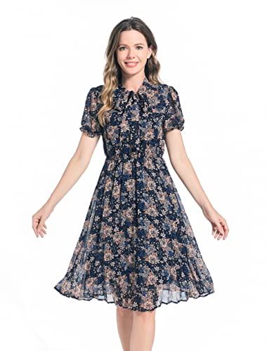 HAOKEKE Damen Sommerkleid mit kurzen Ärmeln Chiffon Kleid Retro Plissee Hemdkleid ideal für Party Arbeit Freizeit Kirche Zeit Treffen Cocktail etc von HAOKEKE