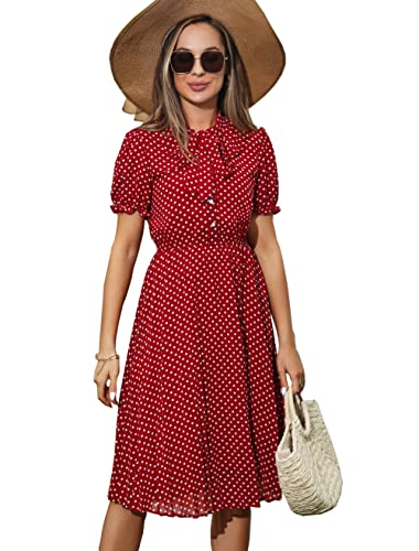 HAOKEKE Damen Sommerkleid mit kurzen Ärmeln Chiffon Kleid Retro Plissee Hemdkleid ideal für Party Arbeit Freizeit Kirche Zeit Treffen Cocktail etc von HAOKEKE