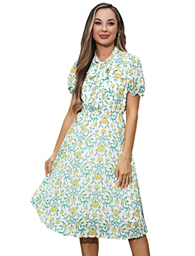 HAOKEKE Damen Sommerkleid mit kurzen Ärmeln Chiffon Kleid Retro Plissee Hemdkleid ideal für Party Arbeit Freizeit Kirche Zeit Treffen Cocktail etc von HAOKEKE