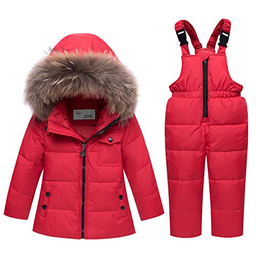 HAOKTY Baby Daunenjacke Schneeanzug Bekleidungsset Junge Mädchen Winterjacke mit Kaputze Daunenjacke + Daunenhose 2tlg Verdickte Skianzug Outfit Set (Label 120(Körpergröße 105-115), Rot) von HAOKTY