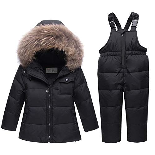 HAOKTY Baby Daunenjacke Schneeanzug Bekleidungsset Junge Mädchen Winterjacke mit Kaputze Daunenjacke + Daunenhose 2tlg Verdickte Skianzug Outfit Set (Label 120(Körpergröße 105-115), Schwarz) von HAOKTY