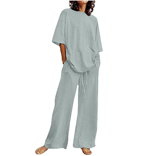 2024 Zweiteiler Damen Freizeitanzug Aus Einfarbiger Baumwolle Und Leinen, Musselin Set Lockere Atmungsaktive, Günstig Sommer Outfits Leicht Und Luftig, Langärmliges Revers Oberteil, Hemd + Hosenanzug von HAOLEI