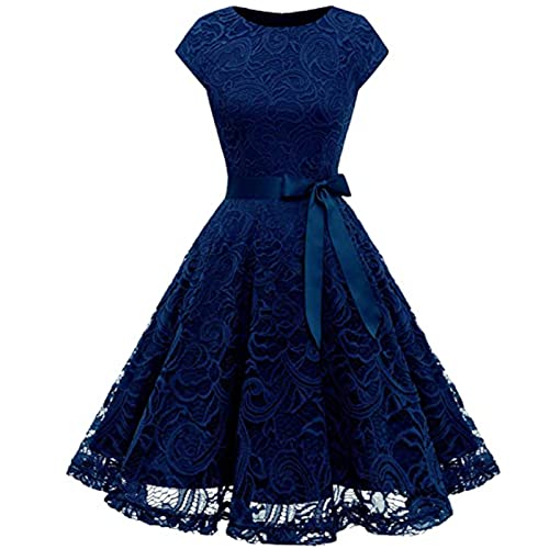 Abendkleider Damen Elegant Schicke, Sale Cocktailkleid Damen Temperamentvoller Schlanker, Partykleid Damen Leicht Luftig, Abendkleid, Spitze Rundhalsausschnitt Spitze Taille Kurzärmelig Knielang von HAOLEI