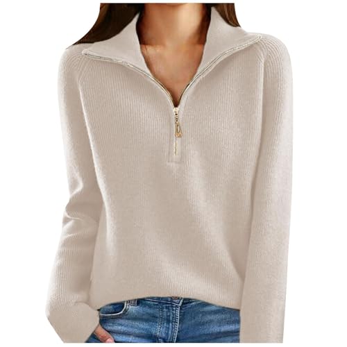Damen Einfarbiger Strickpullover Mit V-Ausschnitt Und Halbem Reißverschluss, Günstig Pullover Elegant Schick, Pulli Warme Bequem, Sweater Leichte Weich, Winterpullover Casual Mode von HAOLEI