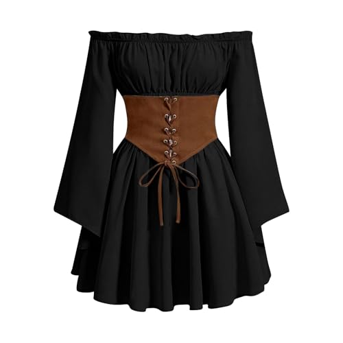 Damen Gothic Halloween Kleid Kostüm Karneval Kleider Festliches Renaissance Vintage Hexenkleid Retro Kleid Im Hofstil Figurbetont Mit Schnürung Taillierung Schulterfreiem Ausschnitt Trompetenärmeln von HAOLEI