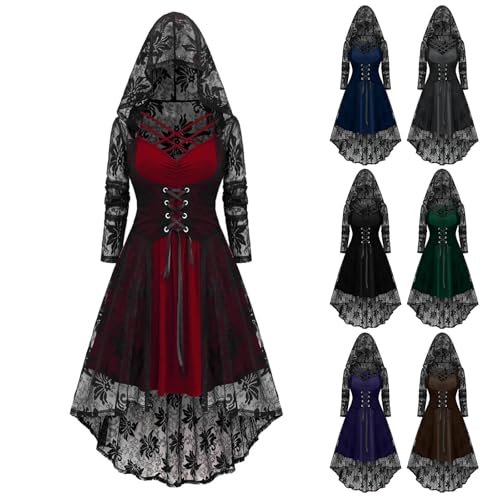 Damen Gothic Halloween Kleid Kostüm Karneval Kleider Für Frauen Festliches Renaissance Vintage Hexenkleid Party Dress Einfarbiges Langärmeliges Elegant Festliches Kleid Mit Spitzenband Und Kapuze von HAOLEI