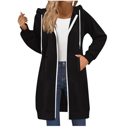 Damen Lange Sweatjacke Oberteile Strickjacke Herbst Kapuzenjacke Sweatshirt Stilvoll Lässige Cardigan Lockere Feste Farbpocke Langschläfe Sportjacke Zwei-Wege-Reißverschluss Mit Kapuze-Jacke-Top von HAOLEI