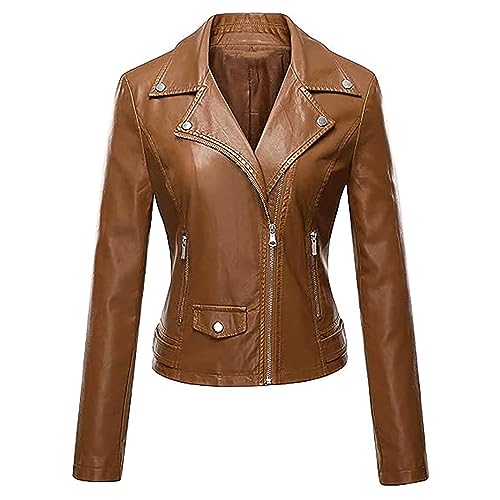 Damen Lederjacke Mode Langärmlige Reißverschluss Jacke Taschen Frühjahr Herbst Kurze Jacke, Sale Übergangsjacke Elegant Schick, Bomberjacke Warme Bequem, Strickjacke Stylisch Softshelljacke von HAOLEI