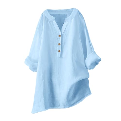 Damen Leinen Oberteil Locker Casual Hemd Blusenshirt Natürlich Modisch Langarmshirt Mit V-Ausschnitt Und Knopfleiste Sommerblusen T-Shirt Elegante Schicke Leinenshirt Leicht Luftig Top Weich Bequem von HAOLEI