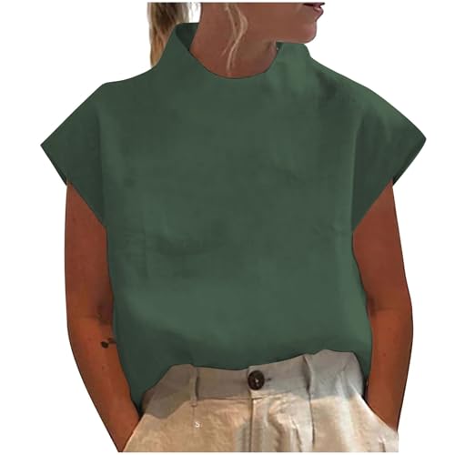 Damen Leinenbluse Leicht Und Luftig Musselin Bluse Shirt Weich Bequem Atmungsaktives Leinen T-Shirt Mit Hohem Kragen Kurzen Ärmeln Leinenhemd Locker Casual Oberteil Natürlich Modisch Hemd Blusenshirt von HAOLEI