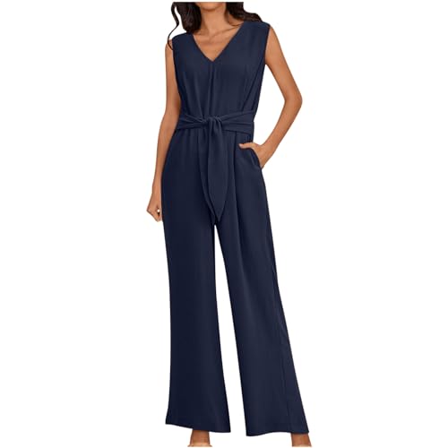 Damen Overall Für Frühling Und Sommer, Jumpsuit Sommer Elegant Schick Einfarbig, Sale Clearance Overall Leicht Und Luftig V-Ausschnitt, Romper Lässig Modisch Ärmellos, Gürtel Hohe Taille, Hose von HAOLEI
