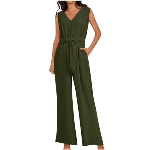 Damen Overall Für Frühling Und Sommer, Jumpsuit Sommer Elegant Schick Einfarbig, Sale Clearance Overall Leicht Und Luftig V-Ausschnitt, Romper Lässig Modisch Ärmellos, Gürtel Hohe Taille, Hose von HAOLEI