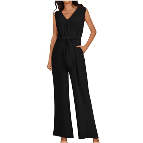 Damen Overall Für Frühling Und Sommer, Jumpsuit Sommer Elegant Schick Einfarbig, Sale Clearance Overall Leicht Und Luftig V-Ausschnitt, Romper Lässig Modisch Ärmellos, Gürtel Hohe Taille, Hose von HAOLEI