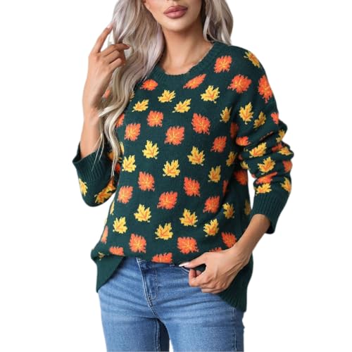 Damen Pullover Herbst Und Winter Mode Lässiger Langarm Blattdruck Langarm Rundhalspullover, Sale Strickpullover Elegant Schick, Pulli Warme Bequem, Sweater Leichte Weich, Winterpullover Casual Mode von HAOLEI