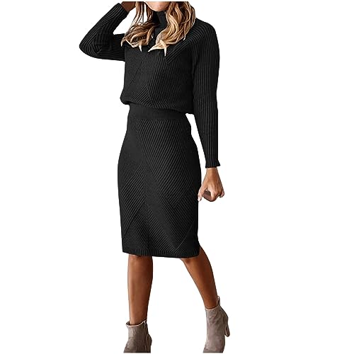 Damen Pulloverkleid Lässiges, Herbstkleid Schmal Geschnittenes, Langarm Pullover Kleid Rollkragenpullover Elegant Schick, Neues Slim Fit Kleid Für Herbst Und Winter, Stehkragen Puffärmel Faltenrock von HAOLEI