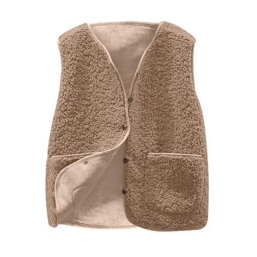 Damen Teddy Fleece Weste, Sale Fleeceweste Herbst Winter Warm Ärmellos Fellweste Pelzjacke Leicht Casual Einfarbig Plüschweste Herbstmantel V-Ausschnitt Lammwolle Samt Weste Lose Kurze Jacke von HAOLEI