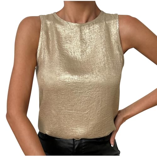 Damen Unterhemden Leicht Und Luftig, Günstig Ärmelloses Tanktop Aus Glänzendem Samt Mit Rundhalsausschnitt Und Gold, Bluse Weich Bequem, Shirt Top Casual Fashion, Oberteile Elegant Schick von HAOLEI