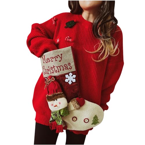 Damen Weihnachtspullover Lustige Grafik, Strickpullover Elegant Schick, Winterpullover Sweater Ugly Christmas Baumwolle Bequem Lässiger Rundhalspullover Mit Langen Ärmeln Und Weihnachtsmuster von HAOLEI